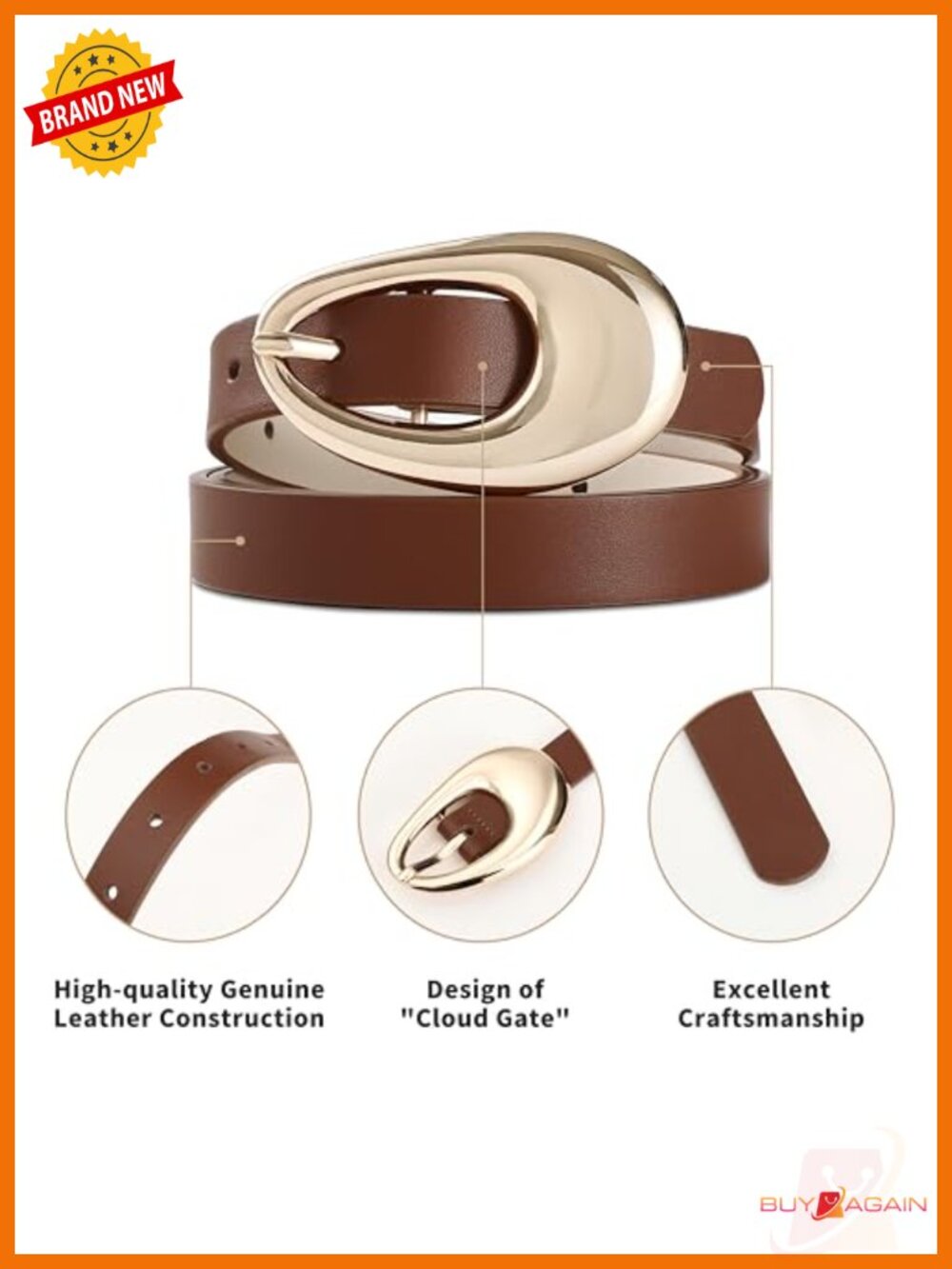 Genuine Leather Belt with Oval Gold Metal Buckle - Picture 3 of 6